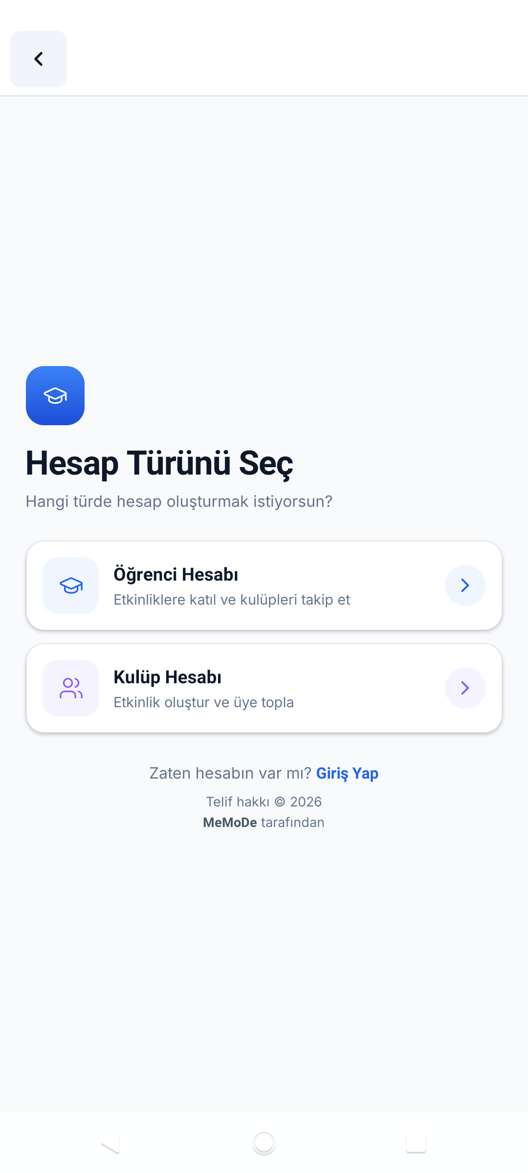 UniVerse hesap türü seçme ekranı