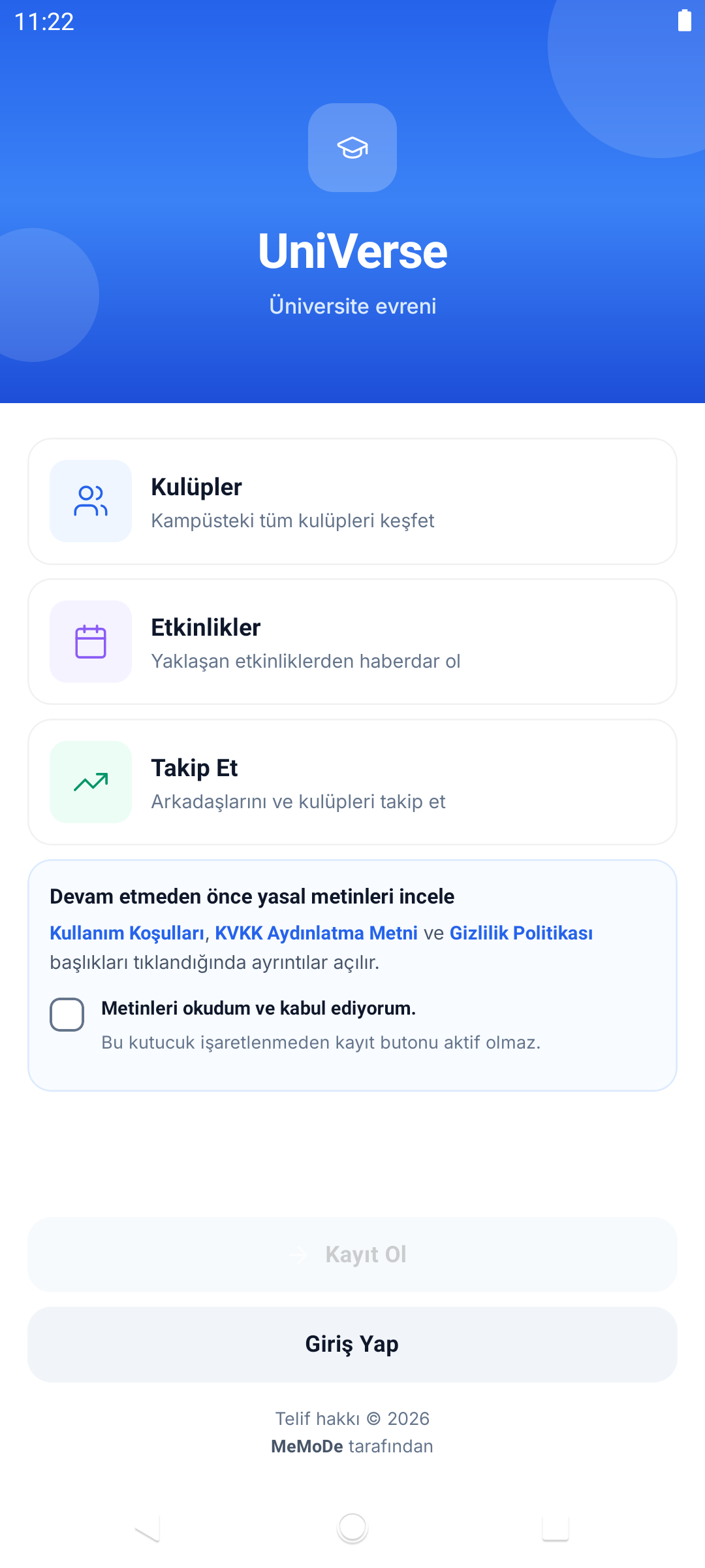 UniVerse karşılama ekranı